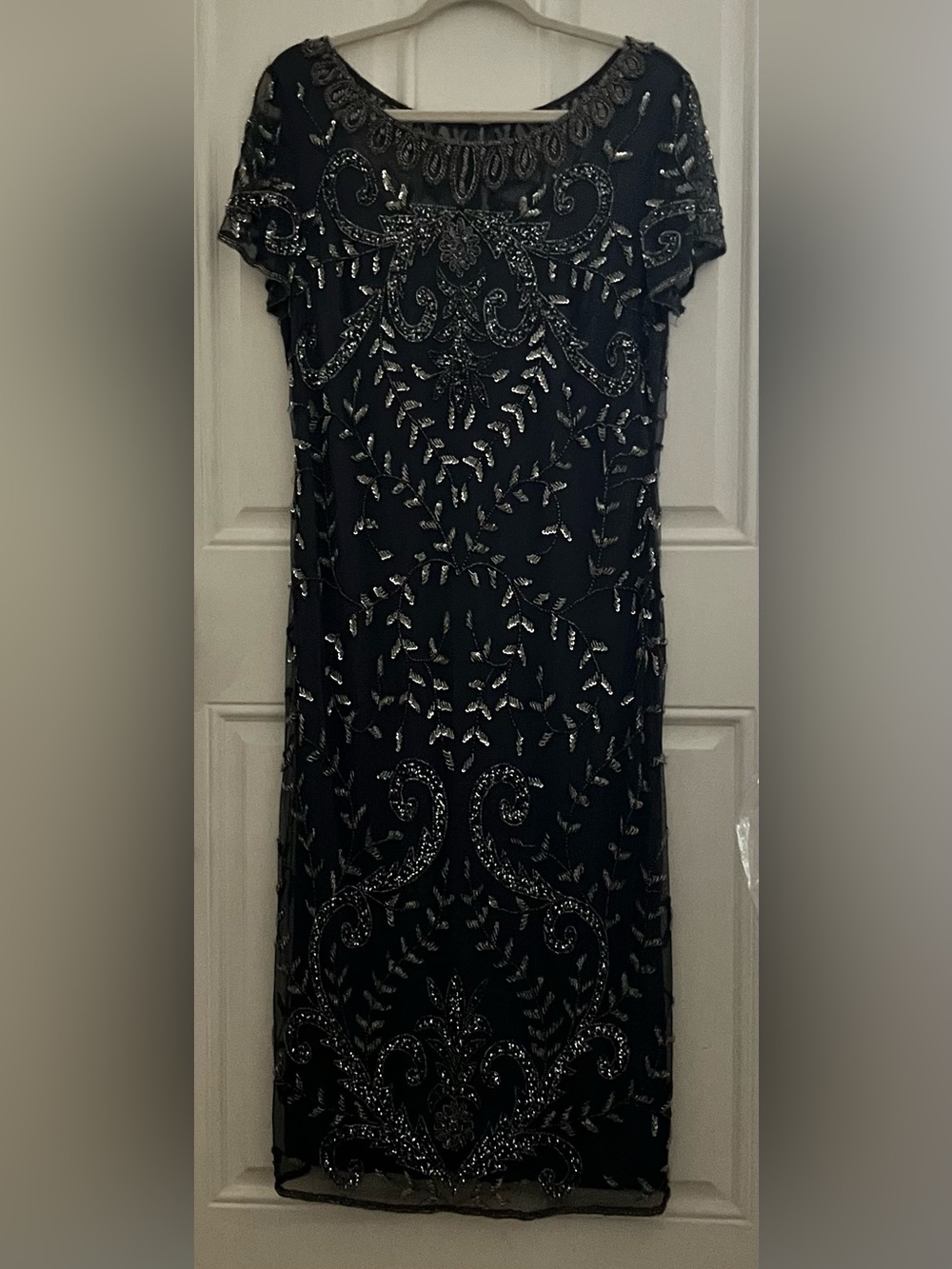 Pisarro Nights Beaded Mesh Midi Cocktail Dress Gunmetal Gray Size 14
